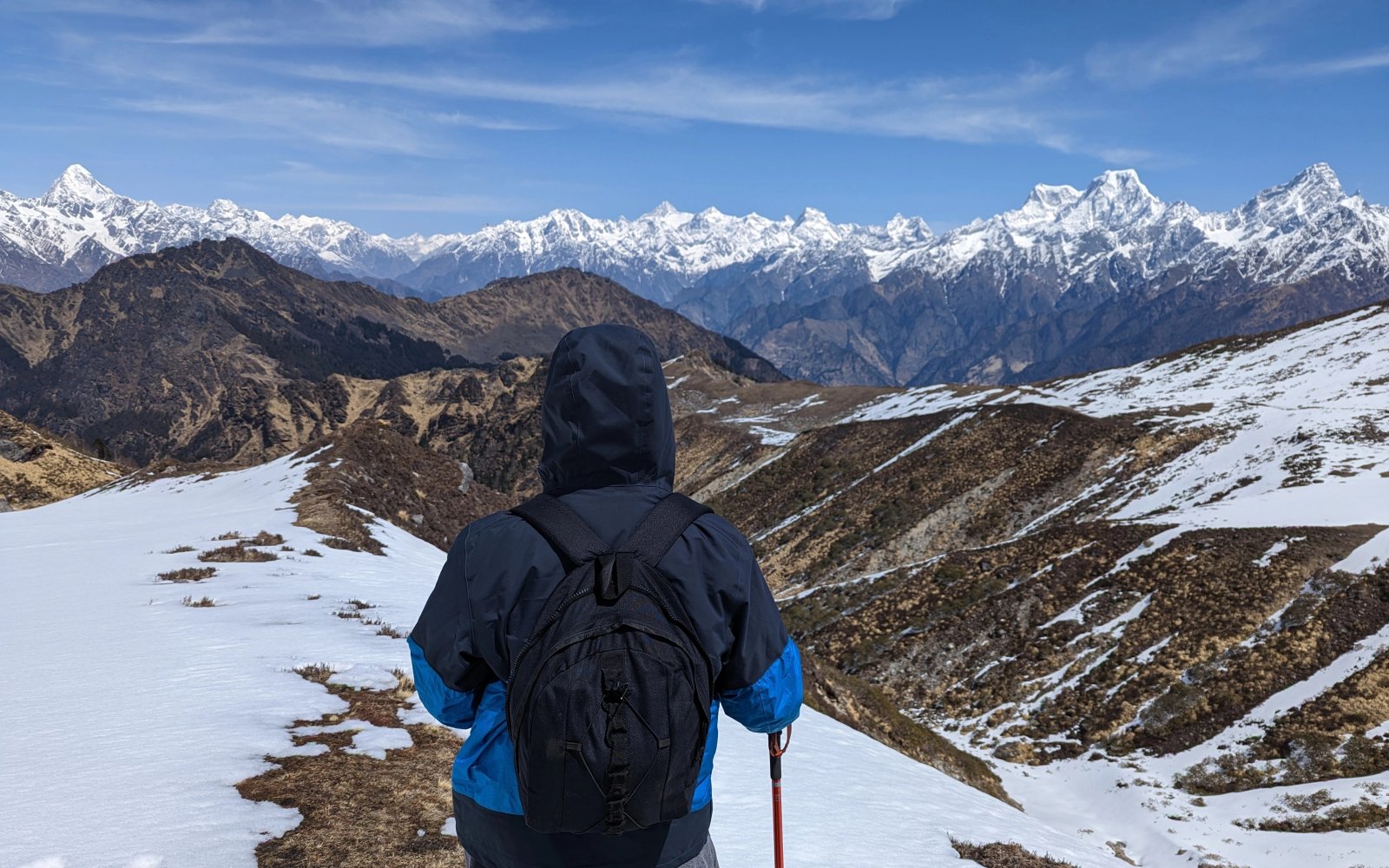 A trekker in the snow-covered Garhwal Himalayas